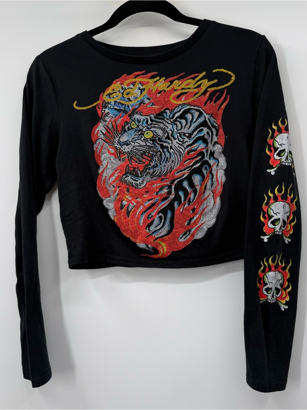 Ed Hardy Black Crop Top with Flaming Tiger Graphic